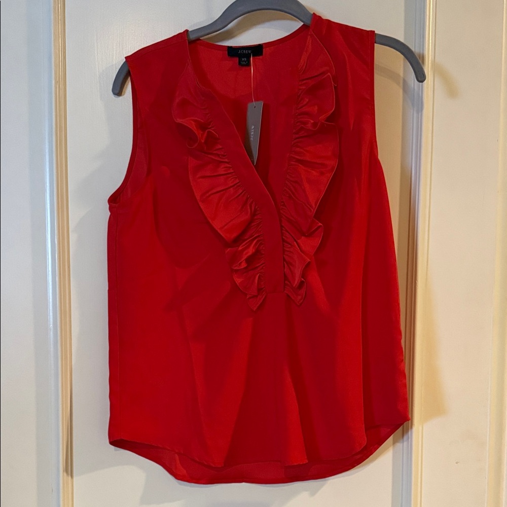 J. Crew Vibrant Red Ruffle Blouse.  XS NWT!